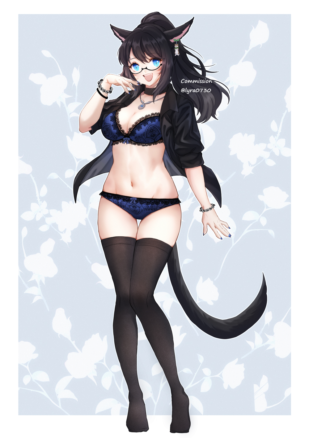 1girl animal_ears bangs black_hair black_legwear black_shirt blue_bra blue_eyes blue_panties bow bow_panties bra bracelet breasts cat_ears cat_tail choker commission eyebrows_visible_through_hair facial_mark final_fantasy final_fantasy_xiv full_body highres jewelry lace-trimmed_bra lace-trimmed_panties lace_trim large_breasts long_hair looking_at_viewer lyra-kotto miqo'te navel necklace no_pants open_clothes open_mouth open_shirt panties ponytail shirt simple_background solo tail thigh-highs two-tone_background underwear whisker_markings