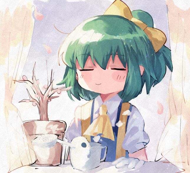 1girl ascot bangs blouse blue_dress blush bow closed_eyes closed_mouth cookie_(touhou) daiyousei diyusi_(cookie) dress eyebrows_visible_through_hair gloves green_hair hair_between_eyes hair_bow high-waist_skirt medium_hair pinafore_dress plant potted_plant puffy_short_sleeves puffy_sleeves shiny shiny_hair short_sleeves skirt smile solo touhou upper_body watering_can white_blouse white_gloves xox_xxxxxx yellow_bow yellow_neckwear