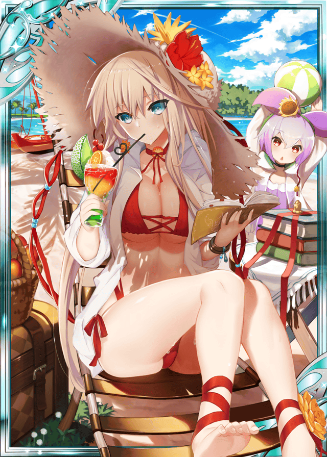 2girls age_of_ishtaria ball basket beach beach_chair beachball bikini blonde_hair blue_eyes blue_sky book collaboration cup drinking drinking_straw flower_hat food hat heart holding holding_book holding_cup long_hair looking_at_viewer lu_hpink meru_(age_of_ishtaria) multiple_girls official_art pink_hair red_bikini red_eyes salix_(age_of_ishtaria) shinkai_no_valkyrie ship sitting sky straw_hat summer swimsuit treasure_chest watercraft
