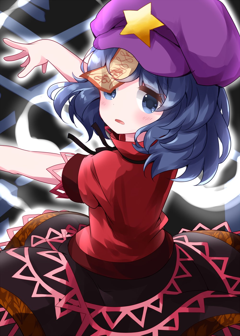 1girl bangs black_background black_skirt blue_eyes blue_hair blush cabbie_hat dark_background expressionless eyebrows_visible_through_hair feet_out_of_frame from_behind glowing grey_ribbon hat hat_ornament highres hitodama jiangshi leaf_print looking_at_viewer looking_back medium_hair miyako_yoshika ofuda outline outstretched_arms parted_lips purple_headwear red_shirt ribbon ruu_(tksymkw) shirt short_sleeves simple_background skirt solo standing star_(symbol) star_hat_ornament tareme touhou white_outline zombie_pose