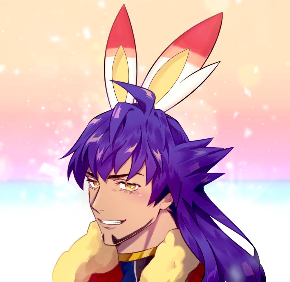 1boy animal_ears bangs bright_pupils cape champion_uniform clenched_teeth commentary_request dark_skin dark_skinned_male facial_hair fake_animal_ears fur-trimmed_cape fur_trim gen_8_pokemon korean_commentary leon_(pokemon) long_hair male_focus mera_(x7inhf3f) parted_lips pokemon pokemon_(game) pokemon_swsh portrait purple_hair rabbit_ears red_cape scorbunny shirt smile solo teeth yellow_eyes