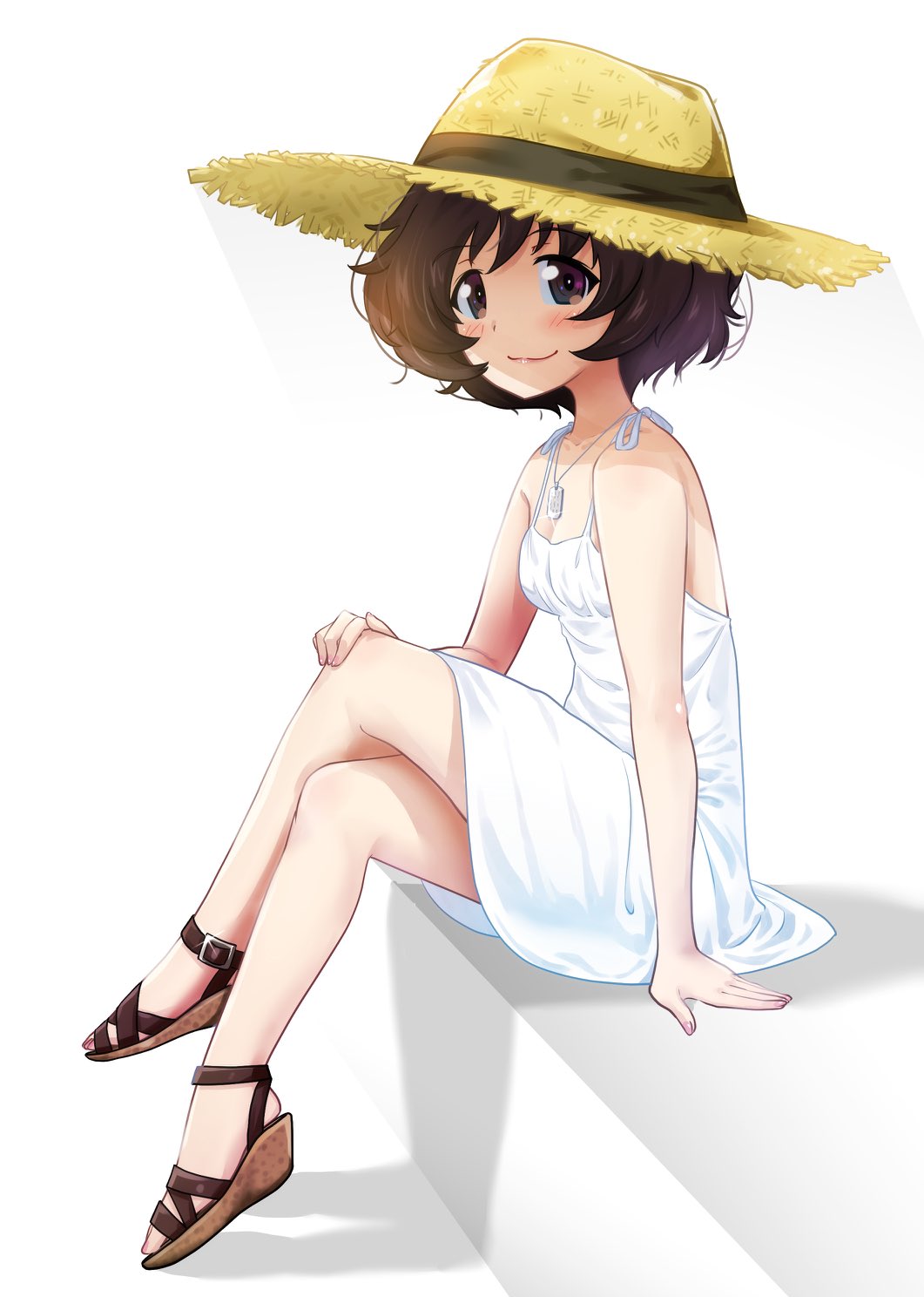 1girl akiyama_yukari brown_eyes brown_hair dress excel_(shena) girls_und_panzer hand_on_own_knee hat highres looking_at_viewer sandals short_hair simple_background sitting solo straw_hat sundress white_background white_dress