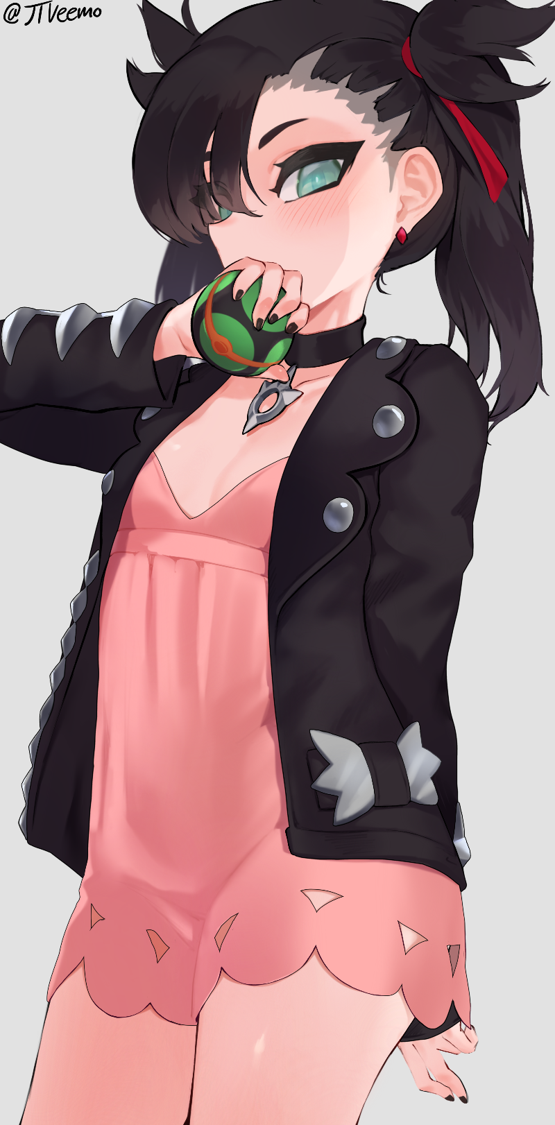 1girl black_hair black_nails blue_eyes blush breasts choker dress earrings highres jacket jewelry jtveemo looking_at_viewer marnie_(pokemon) pink_dress poke_ball pokemon pokemon_(game) pokemon_swsh small_breasts solo