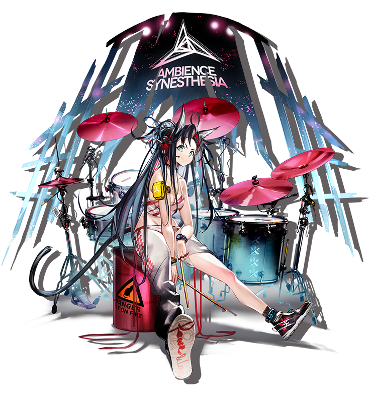 1girl arknights asymmetrical_pants bangs black_footwear black_hair blaze_(arknights) blue_eyes cat_tail costume_request crop_top cymbals drum drum_set headphones headset instrument long_hair looking_at_viewer midriff official_alternate_costume official_art pants shoes sitting smile sneakers solo tail tank_top transparent_background very_long_hair white_pants white_tank_top yui_(niikyouzou)