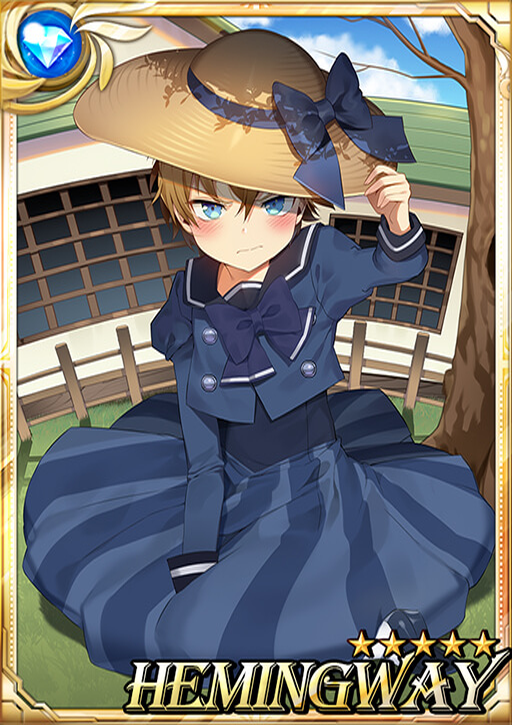 1boy angry annoyed blonde_hair blue_eyes blush carchet card_(medium) character_name child crossdressinging day dress embarrassed hair_between_eyes hat hemingway_(sid_story) male_focus otoko_no_ko outdoors sid_story sky solo sun_hat younger