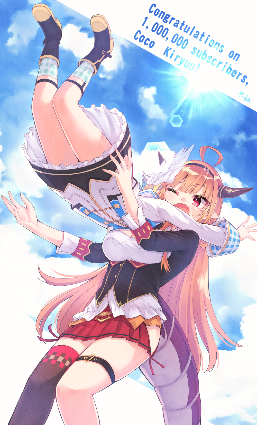 2girls ;o ahoge amane_kanata angel angel_wings artist_name bangs black_hairband black_jacket black_legwear blonde_hair blue_hair blue_neckwear blue_sky blunt_bangs blush boots breasts character_name checkered checkered_legwear cleavage_cutout clothing_cutout clouds cloudy_sky collared_shirt colored_inner_hair commentary_request congratulations cropped_legs day dragon_girl dragon_horns dragon_tail dragon_wings dress english_text eyebrows_visible_through_hair fangs feathered_wings glomp grey_dress hairband highlights highres hikawa_shou hip_vent hololive horns hug imminent_hug jacket kiryu_coco large_breasts lens_flare long_hair long_sleeves looking_at_another miniskirt multicolored_hair multiple_girls one_eye_closed open_mouth orange_hair outdoors outstretched_arms pleated_skirt pointy_ears red_eyes red_skirt scales shirt short_hair side-tie_skirt signature silver_hair single_thighhigh skirt sky sleeves_rolled_up slit_pupils standing streaked_hair sunlight tail teardrop thigh-highs thigh_strap virtual_youtuber white_shirt wings