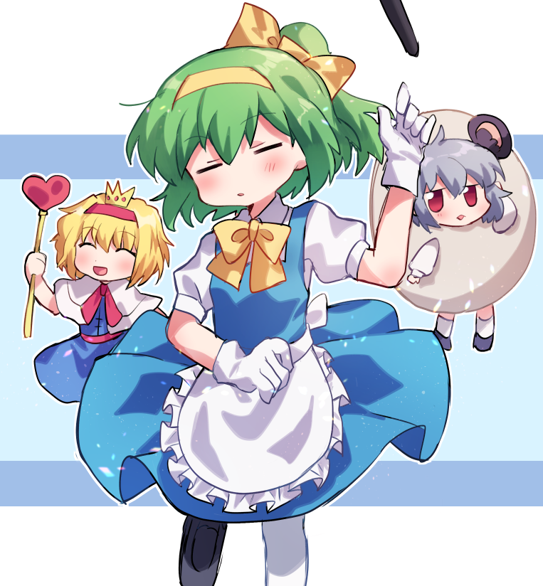 3girls alice_margatroid alternate_costume animal_ears apron bangs blonde_hair blue_dress blush bow bowtie capelet chibi closed_mouth cookie_(touhou) crown daiyousei diyusi_(cookie) dress egg_costume enmaided eyebrows_visible_through_hair full_body gloves green_hair grey_hair hair_between_eyes hair_bow hairband heart holding holding_staff ichigo_(cookie) looking_at_viewer maid medium_hair mouse_ears multiple_girls nazrin nyon_(cookie) open_mouth pinafore_dress pink_sash red_eyes red_hairband sash short_hair short_sleeves socks staff striped striped_background touhou traffic_baton waist_apron white_apron white_background white_capelet white_gloves white_legwear xox_xxxxxx yellow_bow yellow_hairband yellow_neckwear |d