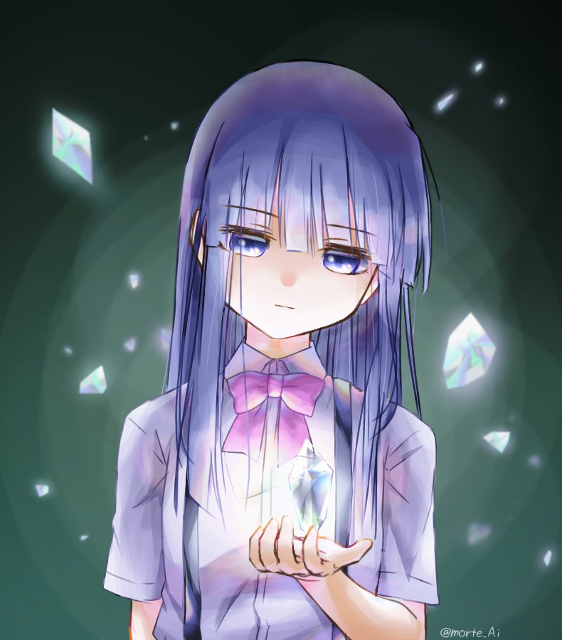 1girl bangs blue_eyes blue_hair blunt_bangs blurry bow bowtie closed_mouth collared_shirt commentary crystal depth_of_field expressionless eyebrows_visible_through_hair furude_rika glowing green_background higurashi_no_naku_koro_ni kakera long_hair looking_down morte_ai pink_bow pink_neckwear school_uniform shirt short_sleeves solo suspenders twitter_username upper_body white_shirt