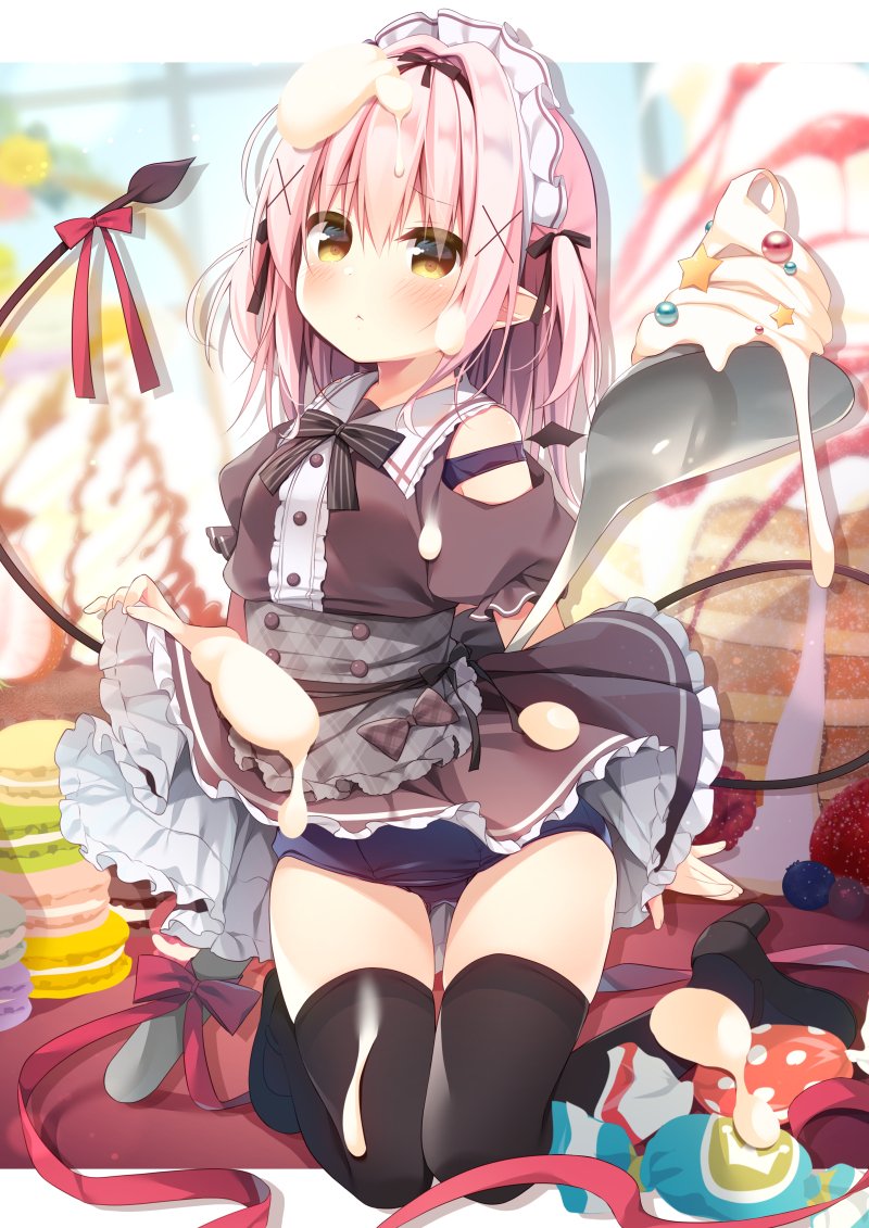 1girl :&lt; apron bangs black_bow black_footwear black_legwear black_wings blue_swimsuit blurry blurry_background blush bow brown_dress brown_eyes candy_wrapper closed_mouth clothing_cutout commentary_request cream demon_girl demon_tail demon_wings depth_of_field detached_wings dress dress_lift eyebrows_visible_through_hair food food_on_clothes food_on_hair frilled_apron frills full_body grey_apron hair_between_eyes hair_bow hair_ornament hanamiya_natsuka high_heels kneeling lifted_by_self long_hair looking_at_viewer macaron mini_wings old_school_swimsuit one-piece_swimsuit original pink_hair plaid plaid_apron puffy_short_sleeves puffy_sleeves red_bow red_ribbon ribbon school_swimsuit shoes short_sleeves shoulder_cutout solo spoon strap_slip swimsuit swimsuit_under_clothes tail thigh-highs two_side_up waist_apron wings x_hair_ornament
