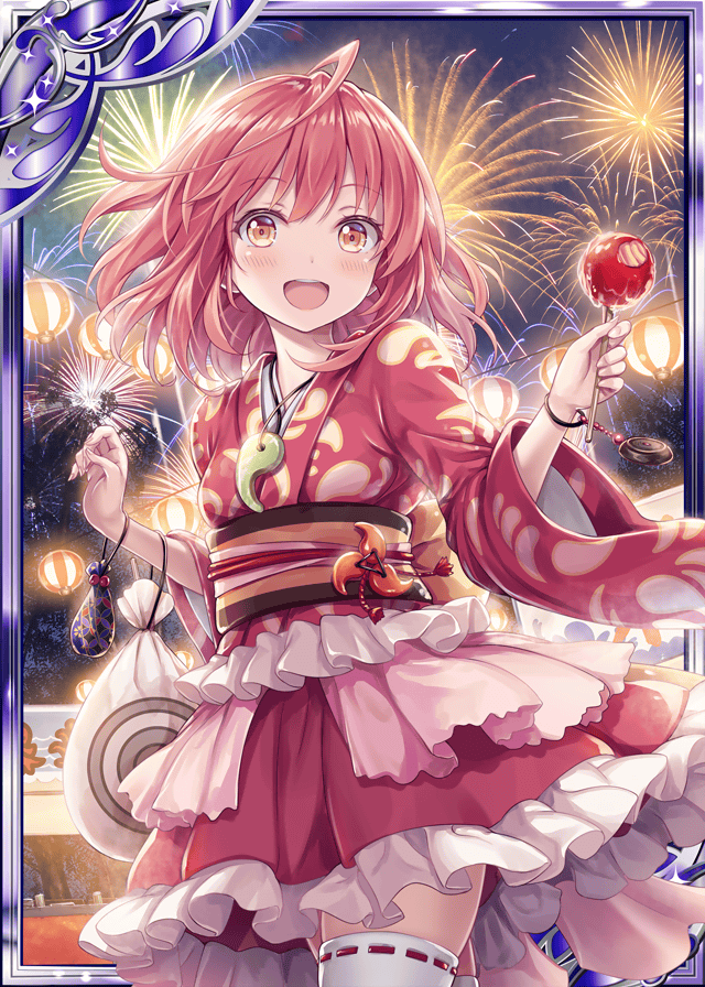 1girl akkijin amaterasu_(shinkai_no_valkyrie) apple breasts festival fireworks food frilled_skirt frills fruit japanese_clothes jewelry kimono lantern lantern_festival looking_at_viewer necklace night night_sky official_art open_mouth orange_eyes paper_lantern pink_hair pink_kimono shinkai_no_valkyrie skirt sky sky_lantern small_breasts thigh-highs