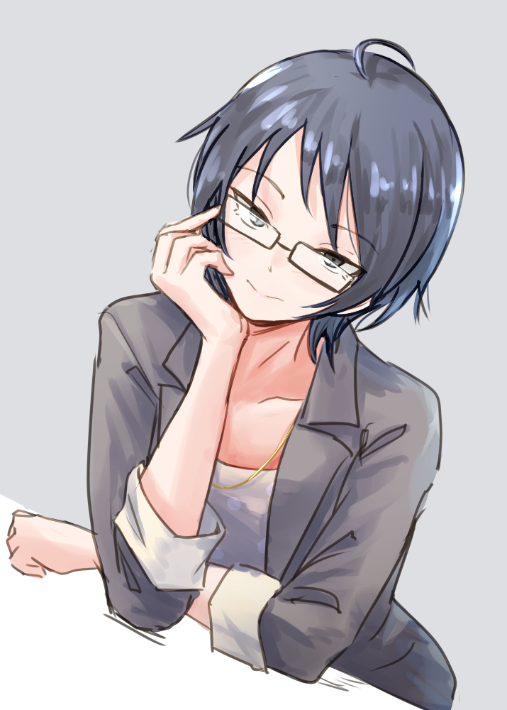 1girl ahoge black-framed_eyewear black_jacket blue_hair collarbone eyebrows_visible_through_hair glasses grey_background hand_on_own_cheek hand_on_own_face idolmaster idolmaster_cinderella_girls jacket jewelry looking_at_viewer necklace short_hair simple_background sleeve_cuffs smile solo unu_(unucence) upper_body wakui_rumi