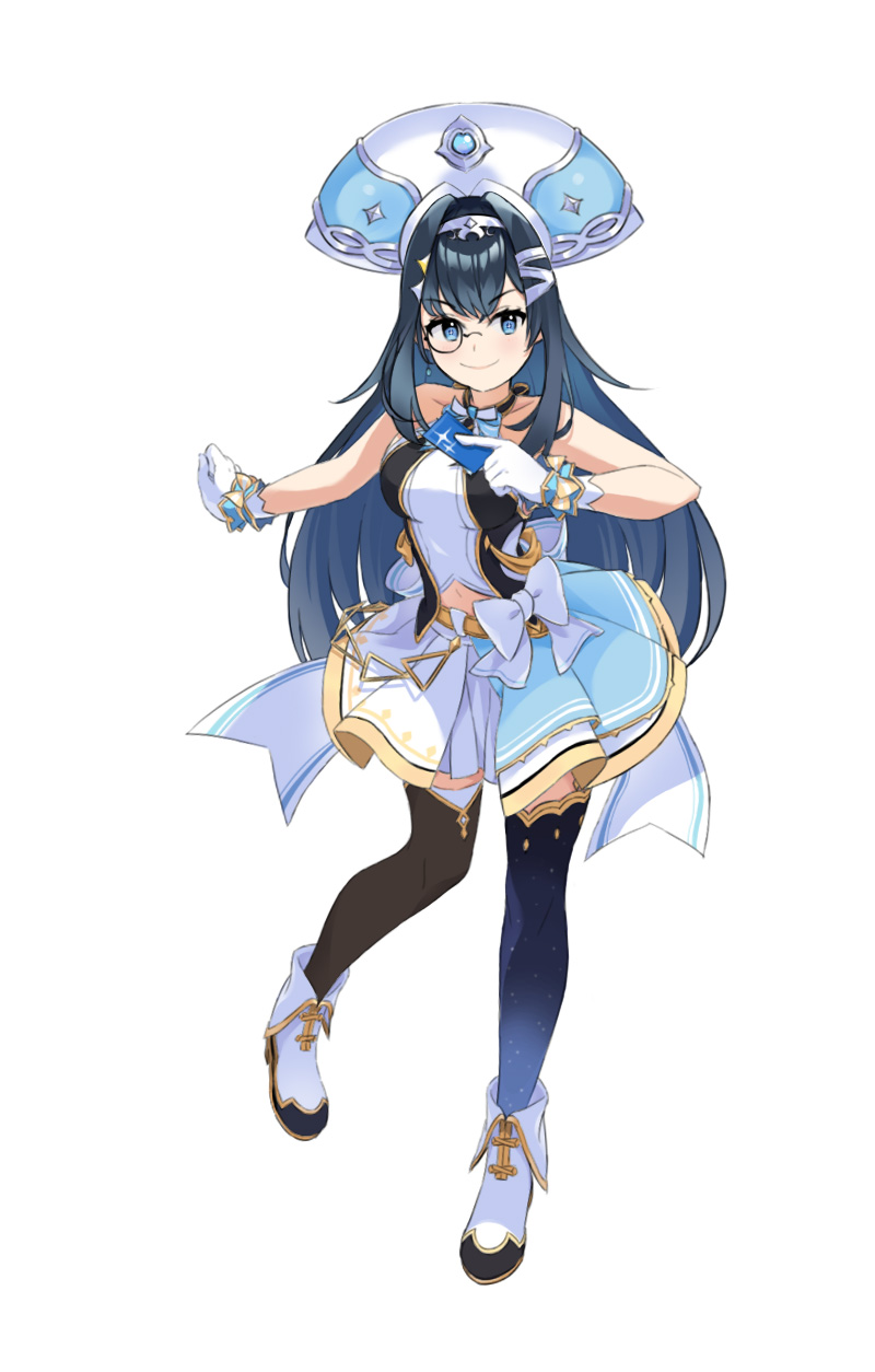 1girl bangs biqi_gu_qi_ku_bi blue_eyes blue_hair blue_headwear card clothing_cutout eyebrows_visible_through_hair gloves hairband halter_top halterneck high_heels highres holding holding_card hololive hololive_china idol_clothes looking_to_the_side monocle navel navel_cutout rosalyn_(hololive) single_legging single_thighhigh skirt smile smug solo thigh-highs v-shaped_eyebrows virtual_youtuber white_footwear white_gloves white_hairband white_skirt wrist_cuffs