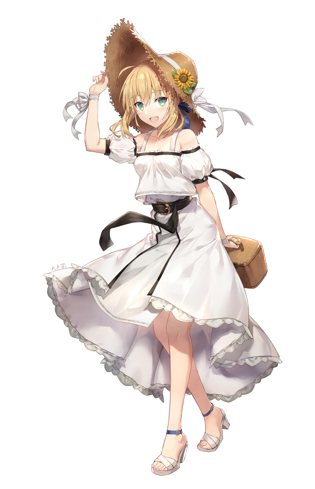 1girl :d arm_behind_back arm_up artoria_pendragon_(all) bangs belt belt_buckle black_belt blonde_hair blush breasts brown_headwear buckle building commentary detached_sleeves dress eyebrows_visible_through_hair fate/stay_night fate_(series) feet_out_of_frame field flower flower_field full_body gabiran green_eyes hair_between_eyes hand_on_headwear hat hat_flower holding looking_at_viewer open_mouth puffy_short_sleeves puffy_sleeves saber shirt short_sleeves simple_background small_breasts smile solo standing straw_hat sunflower toeless_footwear white_background white_dress white_footwear white_shirt white_sleeves yellow_flower