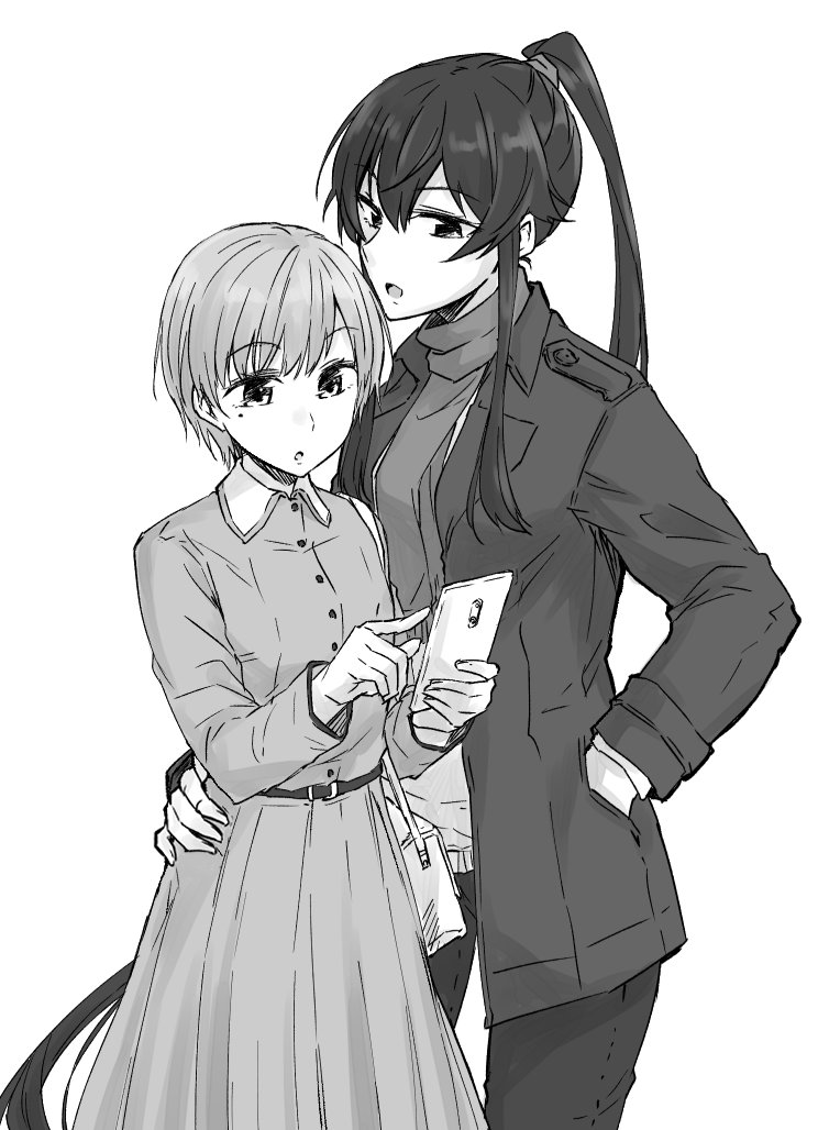 2girls bag black_hair cellphone dress female_admiral_(kancolle) greyscale hand_in_pocket hand_on_another's_hip handbag high_ponytail jacket kantai_collection long_hair mole mole_under_eye monochrome multiple_girls open_mouth phone ponytail rindou_(rindou_annon) short_hair smartphone turtleneck very_long_hair white_background yahagi_(kancolle)