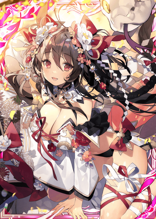 1girl age_of_ishtaria bare_shoulders black_hair black_panties braid breasts collaboration collarbone floral_print flower gloves hair_flower hair_ornament hair_ribbon japanese_clothes large_breasts long_hair looking_at_viewer lotus miko namyo official_art open_mouth outdoors panties red_eyes red_ribbon ribbon shinkai_no_valkyrie smile snake snake_print thigh-highs tree twintails underwear white_ribbon