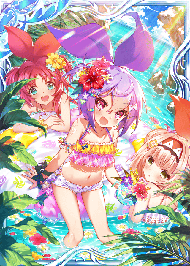 3girls age_of_ishtaria aqua_eyes beach blonde_hair blue_sky collaboration cup flower green_eyes hair_flower hair_ornament holding holding_cup innertube lu_hpink multiple_girls ocean official_art open_mouth pink_hair plant red_eyes red_flower redhead salix_(age_of_ishtaria) shinkai_no_valkyrie short_shorts shorts sitting sky swimsuit yellow_flower