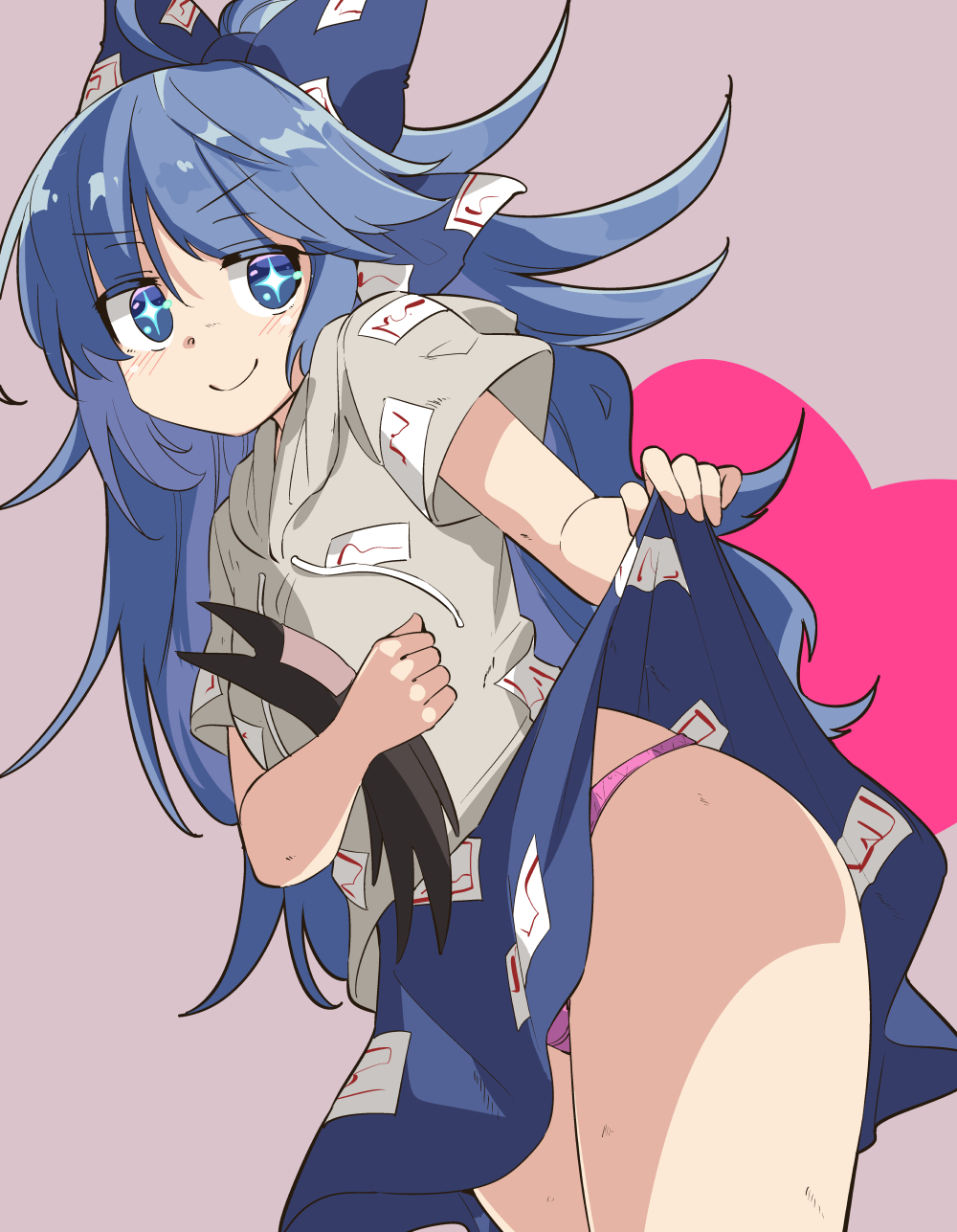 +_+ 1girl blue_bow blue_eyes blue_hair blue_skirt bow closed_mouth cowboy_shot debt drawstring hair_bow highres holding hood hoodie lifted_by_self long_hair looking_at_viewer moja_(moja4192) panties pink_panties short_sleeves simple_background skirt skirt_lift smile solo stuffed_animal stuffed_cat stuffed_toy touhou underwear very_long_hair yorigami_shion
