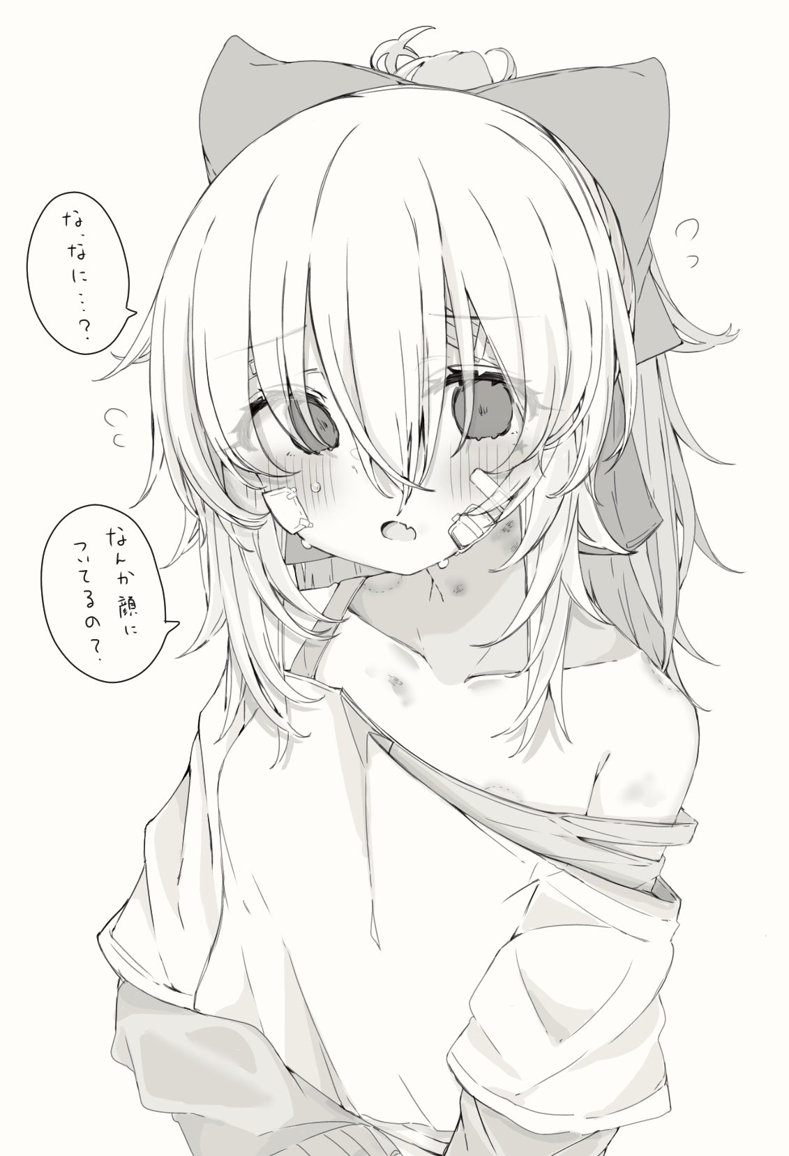 1girl bandaid bandaid_on_face bow bruise bruise_on_face crop_top fang flying_sweatdrops hair_bow highres injury long_hair long_sleeves looking_at_viewer monochrome_background mushoku_loli mushoku_loli_(character) open_mouth original partially_translated ponytail short_over_long_sleeves short_sleeves skin_fang strap_slip sweat translation_request