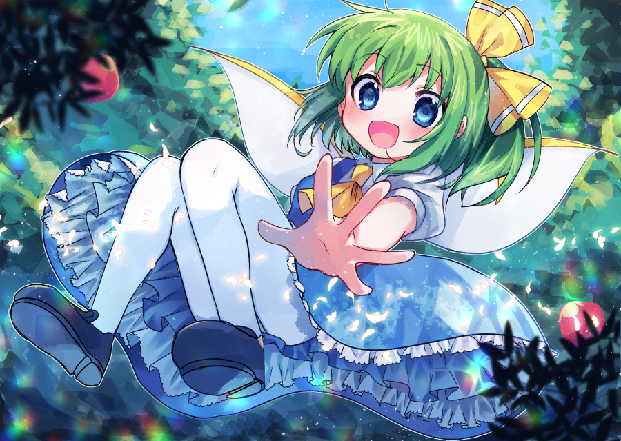 1girl :d apple ascot bangs black_footwear blouse blue_dress blue_eyes blush collared_blouse daiyousei dress eyebrows_visible_through_hair fairy_wings food fruit full_body green_hair hair_between_eyes hair_ribbon looking_at_viewer mary_janes medium_hair open_mouth outstretched_arm pantyhose petticoat pinafore_dress ponytail red_apple ribbon shoes smile solo spread_fingers symbol_commentary touhou tree white_blouse white_legwear wings xox_xxxxxx yellow_neckwear yellow_ribbon