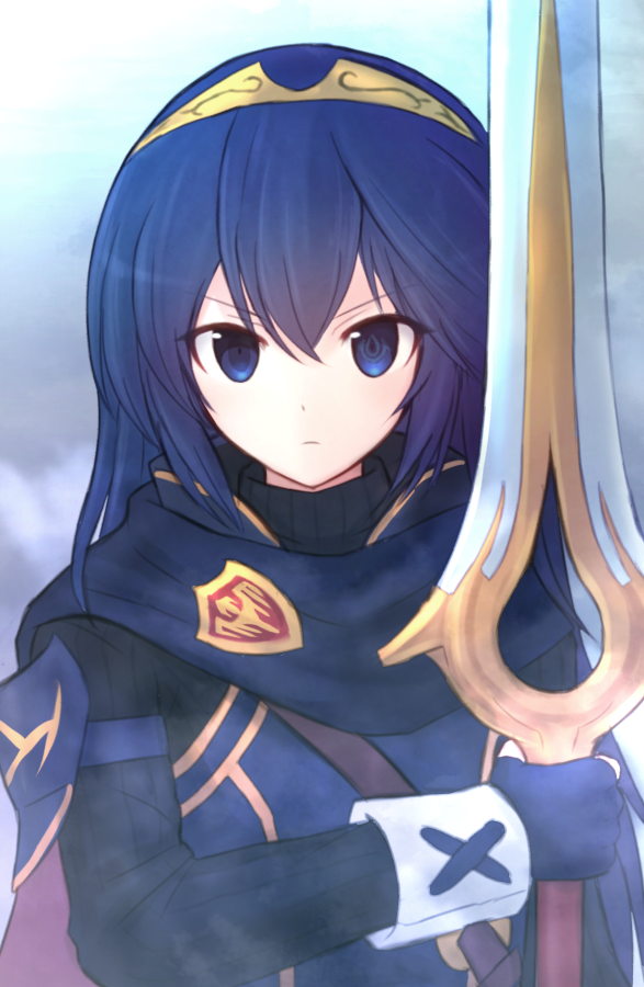 1girl bangs blue_eyes blue_gloves closed_mouth dark_blue_hair eyebrows_visible_through_hair falchion_(fire_emblem) fingerless_gloves fire_emblem fire_emblem_awakening frown gloves hair_between_eyes holding holding_sword holding_weapon long_hair long_sleeves looking_at_viewer lucina_(fire_emblem) solo suta_(clusta) sword tiara turtleneck v-shaped_eyebrows very_long_hair weapon