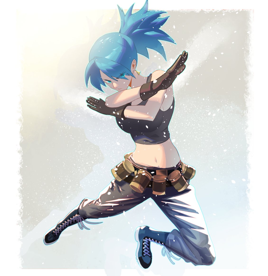 1girl bangs bare_shoulders belt black_gloves black_pants black_tank_top blue_eyes blue_hair boots breasts clenched_hand combat_boots crossed_arms earrings ffffcoffee fighting_stance full_body gas_can gloves jewelry leona_heidern looking_at_viewer midriff pants ponytail simple_background solo sports_bra standing tank_top the_king_of_fighters the_king_of_fighters_xiii triangle_earrings