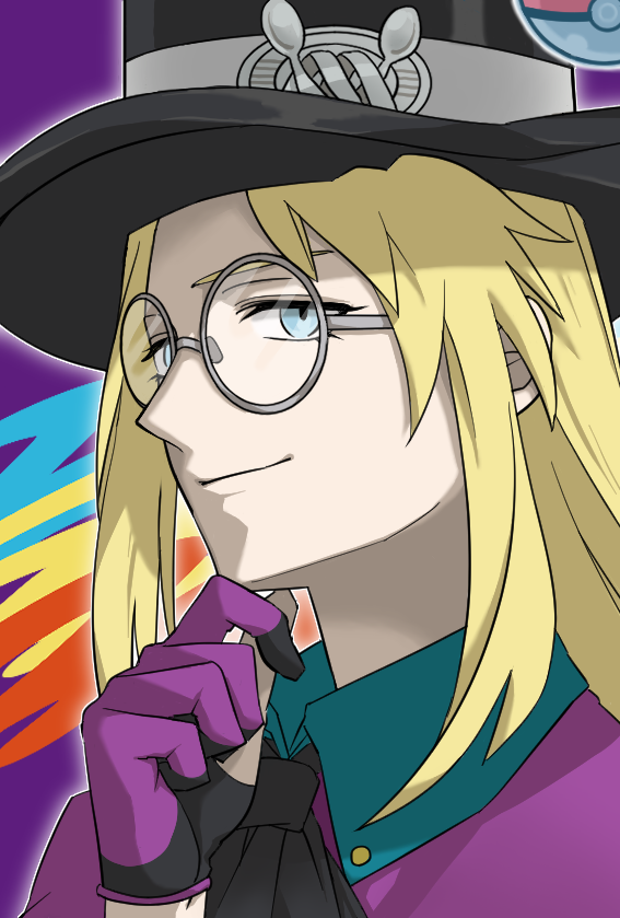 1boy avery_(pokemon) black_headwear black_neckwear blonde_hair blue_eyes closed_mouth commentary_request cravat floating floating_object glasses gloves hand_up hat long_hair male_focus partially_fingerless_gloves poke_ball poke_ball_(basic) pokemon pokemon_(game) pokemon_swsh punico_(punico_poke) round_eyewear smile solo telekinesis top_hat