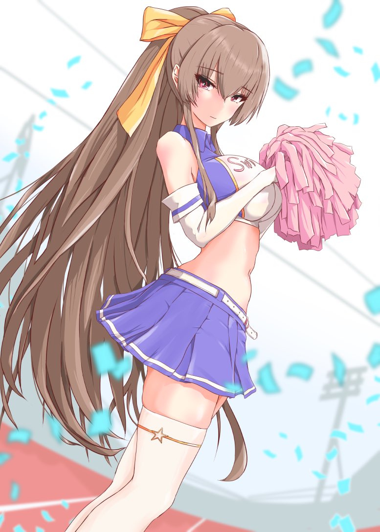 1girl azur_lane bangs bare_shoulders breasts cheerleader cosplay cygnet_(azur_lane) cygnet_(azur_lane)_(cosplay) cygnet_(royal_fanfare)_(azur_lane) from_side hair_ribbon long_hair looking_at_viewer midriff miniskirt navel p.i.t.d pom_poms ponytail ribbon skirt solo swiftsure_(azur_lane) thigh-highs white_legwear