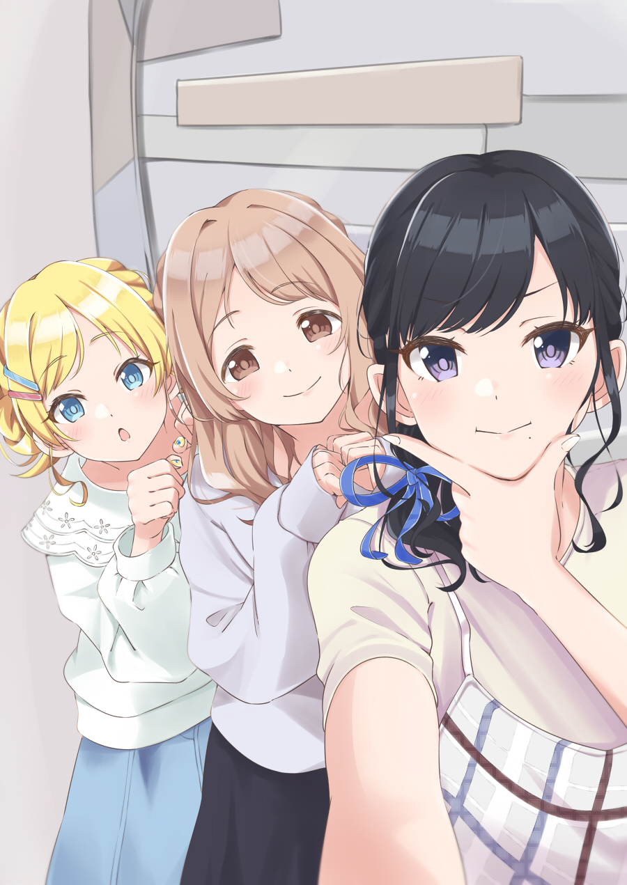 3girls :o alternate_costume alternate_hairstyle apron bangs chin_stroking cowboy_shot eyebrows_visible_through_hair hachimiya_meguru hair_ornament hands_on_another's_shoulders highres idolmaster idolmaster_shiny_colors illumination_stars_(idolmaster) kazano_hiori long_sleeves looking_at_viewer mole mole_under_mouth multiple_girls sakuragi_mano selfie smile tsunakanten upper_body