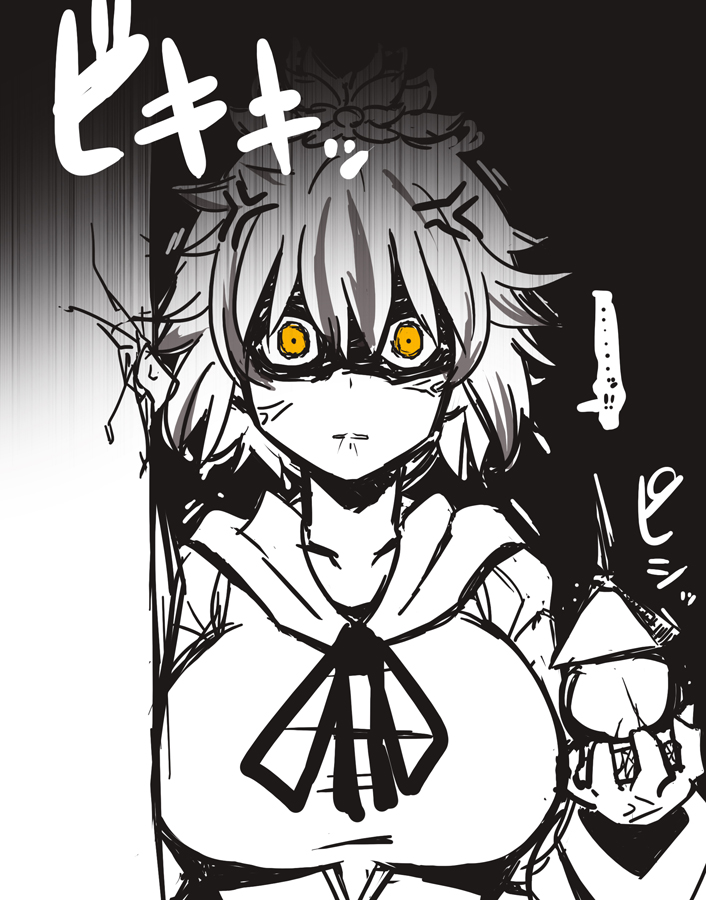 ! !! ... 1girl anger_vein angry bishamonten's_pagoda breasts collarbone commentary_request crack hair_ribbon hand_up holding jealous large_breasts monochrome otoufu_(wddkq314band) ribbon sanpaku shaded_face short_hair solo spoken_ellipsis spot_color toramaru_shou touhou upper_body yellow_eyes