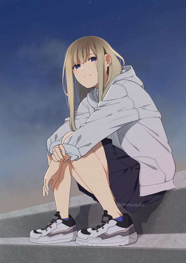 1girl ankle_socks bangs black_skirt blue_eyes blue_legwear brown_hair clouds eyebrows_behind_hair full_body grey_jacket hair_between_eyes hood hood_down hooded_jacket jacket long_hair long_sleeves looking_at_viewer mattaku_mousuke open_clothes open_jacket original outdoors pleated_skirt shirt shoes sitting sitting_on_stairs skirt sky solo stairs star_(sky) starry_sky stone_stairs sunset twitter_username watermark white_footwear white_shirt