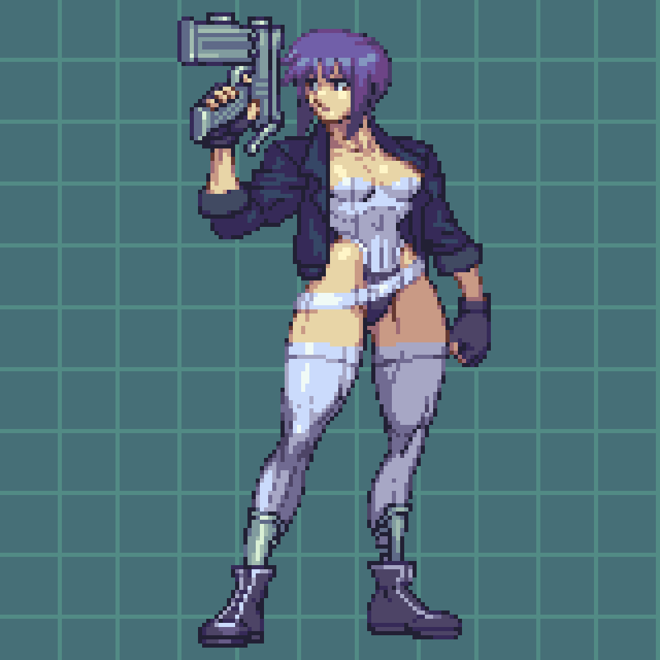 1girl belt black_footwear black_gloves black_jacket breasts clenched_hand closed_mouth collarbone covered_navel fingerless_gloves ghost_in_the_shell gloves grid grid_background gun holding holding_gun holding_weapon jacket kusanagi_motoko leotard muscular muscular_female omegachaino open_clothes open_jacket pixel_art purple_hair short_hair sleeves_rolled_up solo standing thigh-highs violet_eyes weapon white_legwear