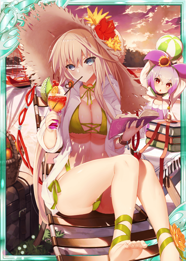 2girls age_of_ishtaria ball basket beach beach_chair beachball bikini blonde_hair blue_eyes book collaboration cup drinking drinking_straw flower_hat food green_bikini hat heart holding holding_book holding_cup long_hair looking_at_viewer lu_hpink meru_(age_of_ishtaria) multiple_girls official_art orange_sky pink_hair red_eyes salix_(age_of_ishtaria) shinkai_no_valkyrie ship sitting sky straw_hat summer sunset swimsuit treasure_chest watercraft