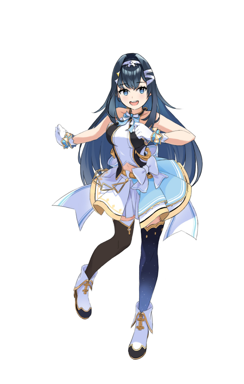 1girl bangs biqi_gu_qi_ku_bi blue_eyes blue_hair clothing_cutout eyebrows_visible_through_hair gloves hairband halter_top halterneck high_heels highres hololive hololive_china idol_clothes looking_to_the_side navel navel_cutout open_mouth rosalyn_(hololive) single_legging single_thighhigh skirt smile solo thigh-highs virtual_youtuber white_footwear white_gloves white_hairband white_skirt wrist_cuffs