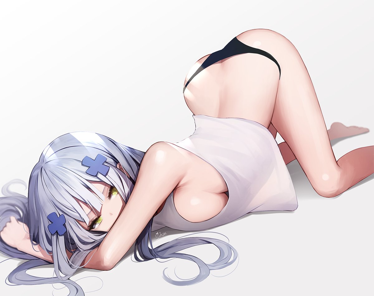 1girl ankkoyom ass bangs bare_shoulders barefoot black_panties blunt_bangs breasts covering_mouth crop_top girls_frontline green_eyes hair_ornament hk416_(girls_frontline) long_hair looking_at_viewer medium_breasts no_pants panties sideboob silver_hair simple_background solo top-down_bottom-up underwear white_background