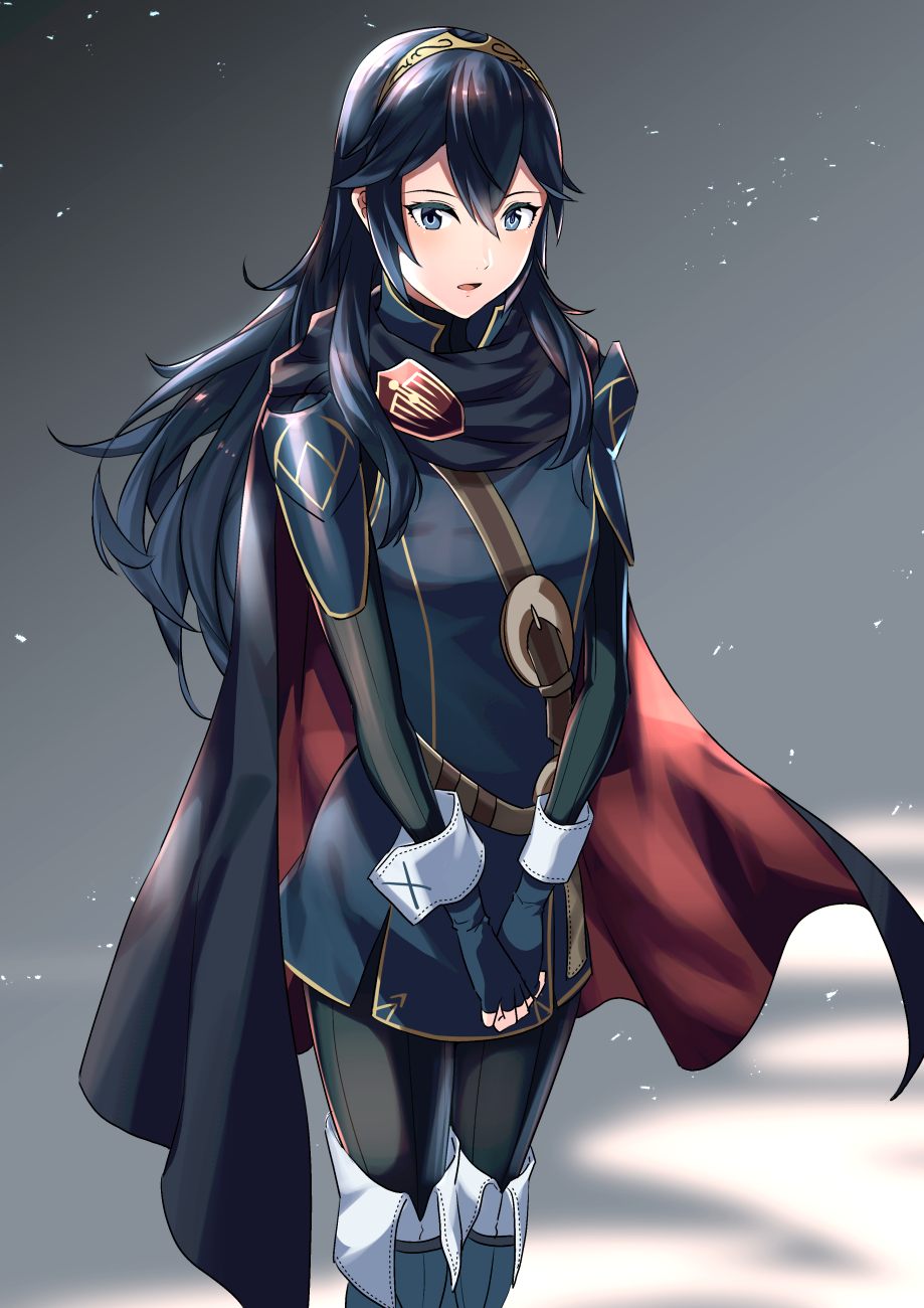 1girl ameno_(a_meno0) blue_eyes blue_hair boots cape emblem fingerless_gloves fire_emblem fire_emblem_awakening gloves hands_together highres light_blush long_hair long_sleeves lucina_(fire_emblem) open_mouth simple_background solo symbol-shaped_pupils tiara