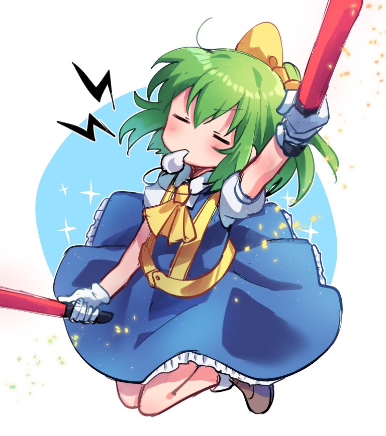 1girl ascot bangs blouse blue_background blue_dress blush bow brown_footwear closed_eyes commentary_request cookie_(touhou) daiyousei diyusi_(cookie) dress dual_wielding eyebrows_visible_through_hair full_body gloves green_hair hair_between_eyes hair_bow high-visibility_vest holding lightning_bolt looking_at_viewer medium_hair pinafore_dress ponytail puffy_short_sleeves puffy_sleeves shoes short_sleeves socks solo sparkle touhou traffic_baton whistle whistling white_background white_blouse white_gloves white_legwear xox_xxxxxx yellow_bow yellow_neckwear