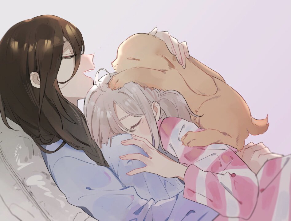 2girls ahoge blue_shirt breasts brown_hair closed_eyes grey_hair hand_on_breast knightym22 lying multiple_girls on_back on_person original parted_lips rabbit shirt striped striped_shirt symbol-only_commentary yuri