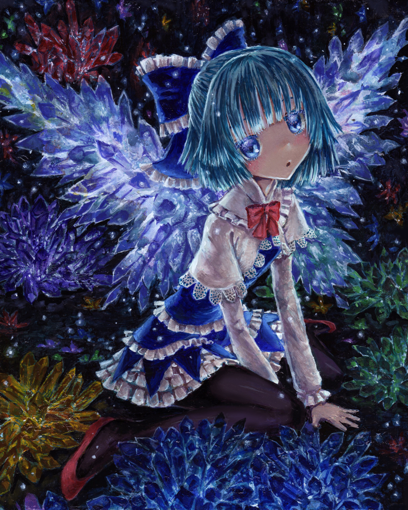 1girl :o adapted_costume alternate_wings bangs between_legs black_legwear blue_bow blue_dress blue_eyes blue_hair blunt_bangs blush bow bowtie capelet cirno commentary_request crystal dress eyebrows_behind_hair flat_chest frilled_bow frills hair_bow hand_between_legs ice ice_wings kabaji layered_skirt leaning_forward long_sleeves open_mouth pantyhose petticoat red_footwear red_neckwear short_hair sitting skirt solo touhou traditional_media wariza white_capelet wings