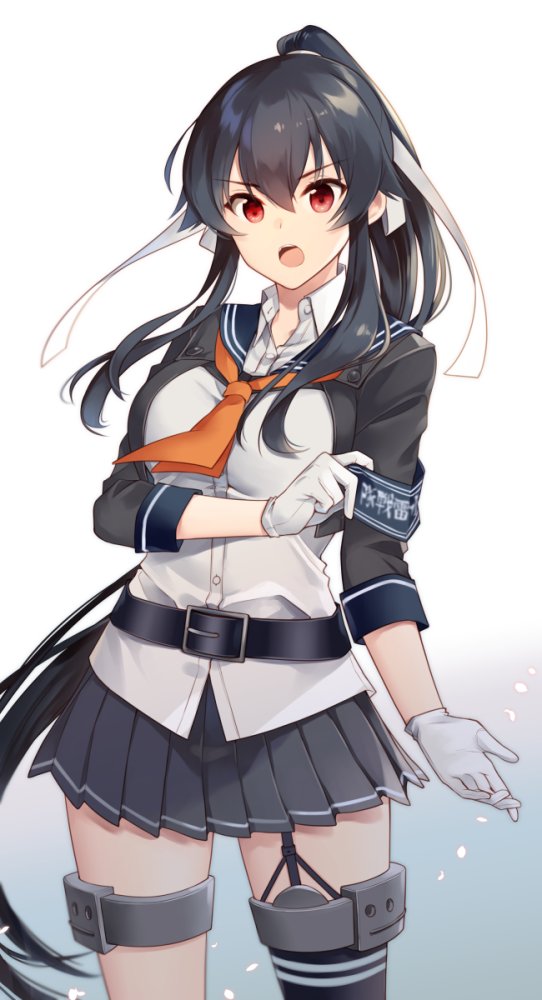1girl belt belt_buckle black_belt black_hair black_jacket black_legwear blue_sailor_collar buckle buttons collared_shirt cropped_jacket eyebrows_visible_through_hair gloves gradient gradient_background grey_skirt hair_between_eyes ichinomiya_(blantte) jacket kantai_collection long_hair long_sleeves open_mouth pleated_skirt ponytail red_eyes remodel_(kantai_collection) sailor_collar shirt single_thighhigh skirt solo thigh-highs very_long_hair white_gloves white_shirt yahagi_(kancolle)