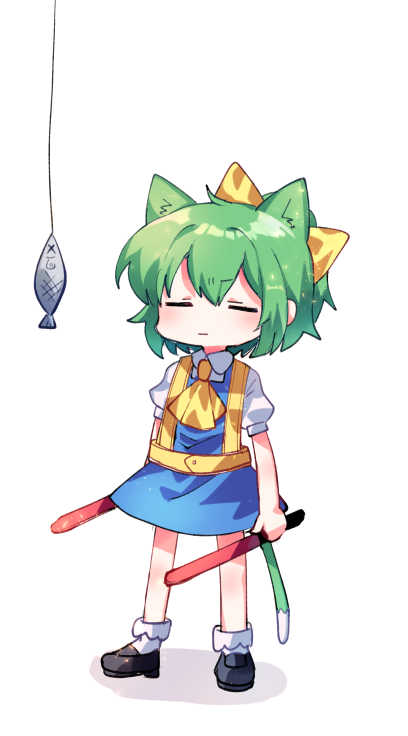 1girl animal_ears ascot bangs black_footwear blouse blue_dress bow cat_ears cat_tail closed_eyes closed_mouth cookie_(touhou) daiyousei diyusi_(cookie) dress dual_wielding fish fishing_line full_body green_hair hair_bow holding kemonomimi_mode medium_hair pinafore_dress ponytail puffy_short_sleeves puffy_sleeves shoes short_sleeves simple_background socks solo standing symbol_commentary tail touhou traffic_baton white_background white_blouse white_legwear xox_xxxxxx yellow_bow yellow_neckwear