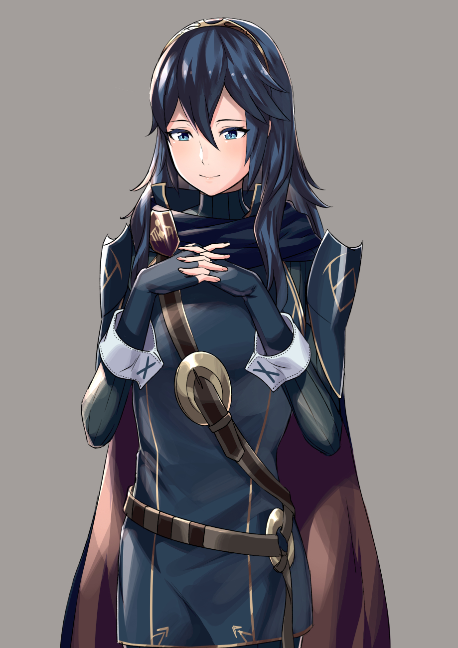 1girl ameno_(a_meno0) blue_eyes blue_hair cape emblem fingerless_gloves fire_emblem fire_emblem_awakening gloves grey_background hair_between_eyes hands_together highres long_hair long_sleeves lucina_(fire_emblem) simple_background smile solo symbol-shaped_pupils tiara