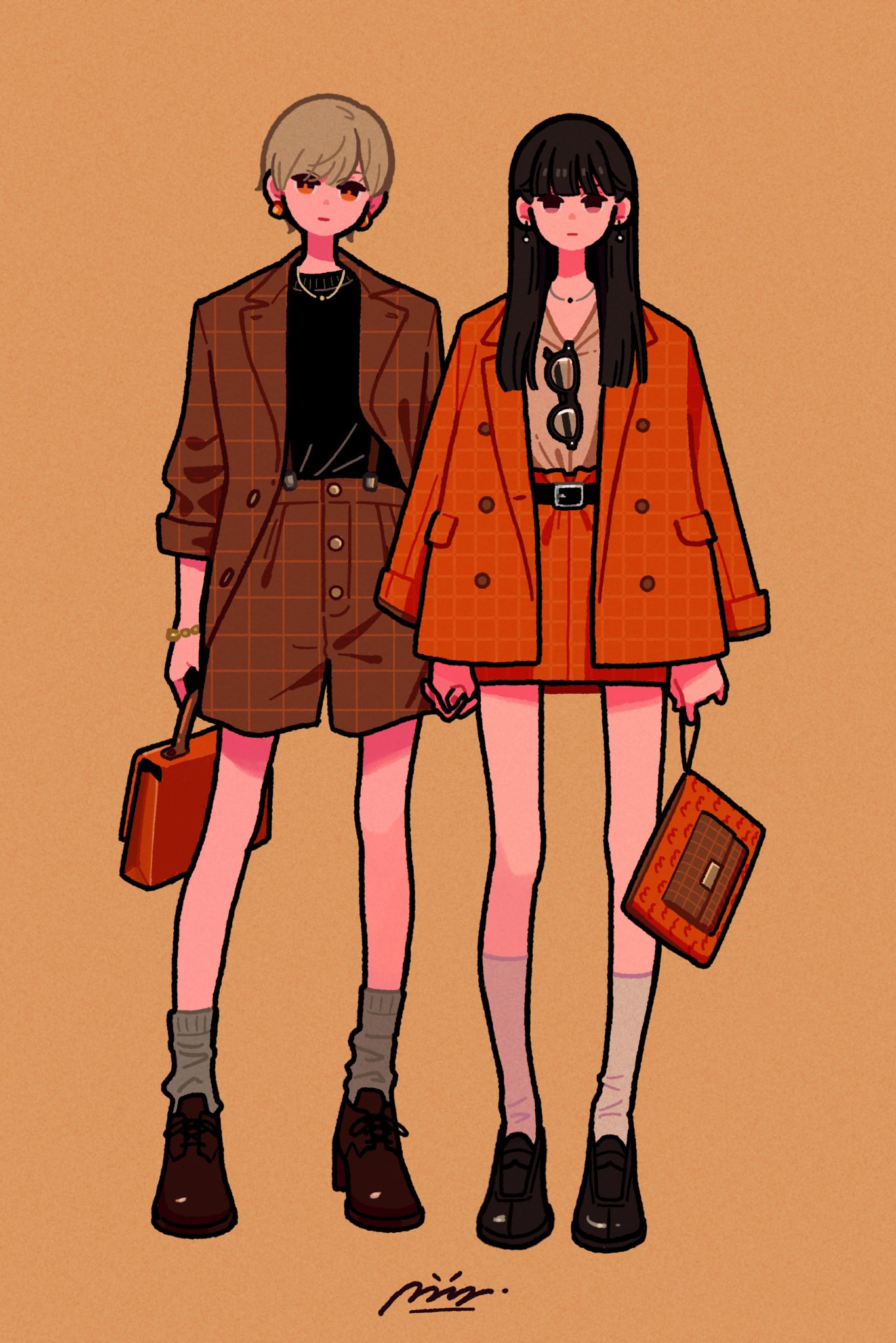 2girls bangs belt black_footwear black_hair black_shirt brown_background brown_hair brown_jacket brown_shirt brown_shorts earrings eyewear_removed full_body glasses grey_legwear highres jacket jewelry long_hair long_sleeves multiple_girls necklace orange_eyes original plaid plaid_jacket plaid_shorts red_jacket red_skirt shirt shirt_tucked_in shoes short_hair shorts simple_background skirt socks standing yoshi_mi_yoshi