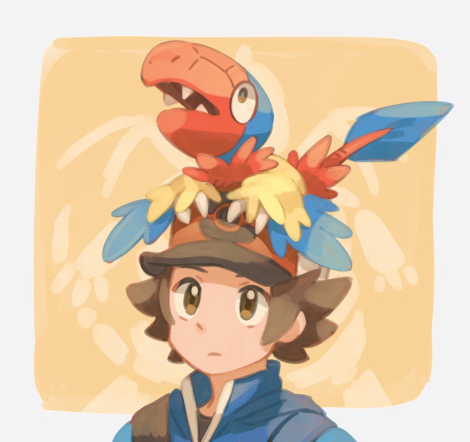 1boy archen bag baseball_cap blue_jacket border brown_eyes brown_hair closed_mouth gen_5_pokemon hat hilbert_(pokemon) jacket looking_up male_focus on_head outside_border pokemon pokemon_(creature) pokemon_(game) pokemon_bw pokemon_on_head short_hair shoulder_bag spiky_hair torinoko_(miiko_draw) upper_body white_border