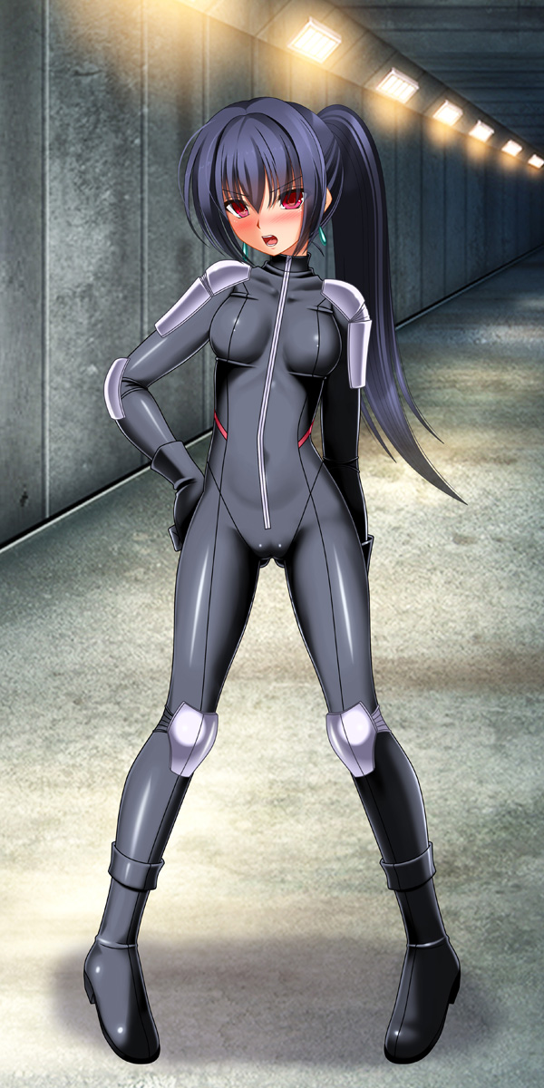 1girl ass_visible_through_thighs biker_clothes bikesuit black_hair blush bodysuit breasts full_body highres knee_pads kukkoro_rider looking_at_viewer medium_breasts ministry_of_land_infrastructure_and_transportation onna_kishi_no_shiro red_eyes shoulder_pads skin_tight solo thigh_gap