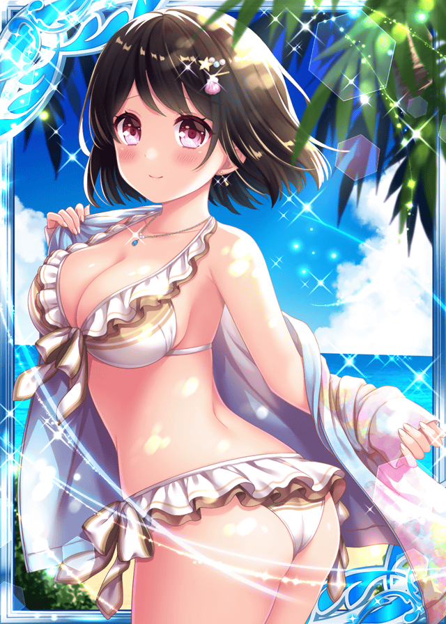 1girl ass back beach bikini black_hair blue_sky breasts collaboration falkyrie_no_monshou hair_ornament jewelry looking_at_viewer medium_breasts necklace ocean official_art pink_eyes shell_hair_ornament shinkai_no_valkyrie side-tie_bikini sky smile stardrop starfish_hair_ornament swimsuit white_bikini