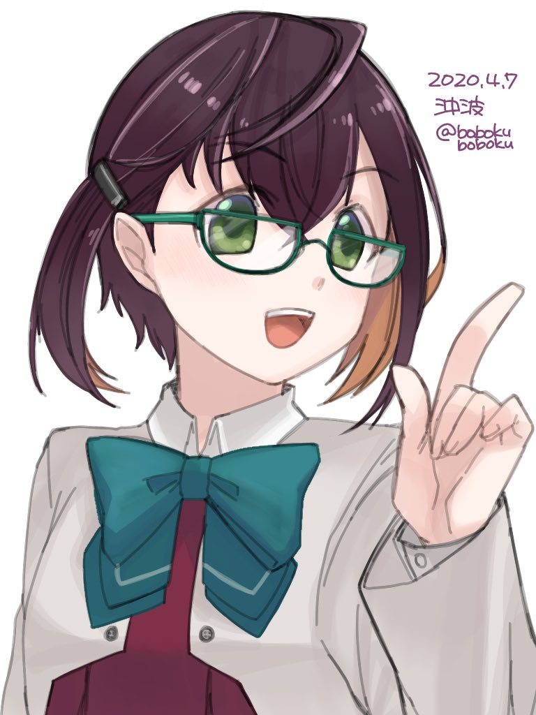 1girl black_hair blazer blue-framed_eyewear bobokuboboku bow bowtie character_name commentary_request dated glasses green_eyes green_neckwear index_finger_raised jacket kantai_collection multicolored_hair okinami_(kancolle) one-hour_drawing_challenge pink_hair remodel_(kantai_collection) school_uniform short_hair simple_background solo twitter_username upper_body white_background