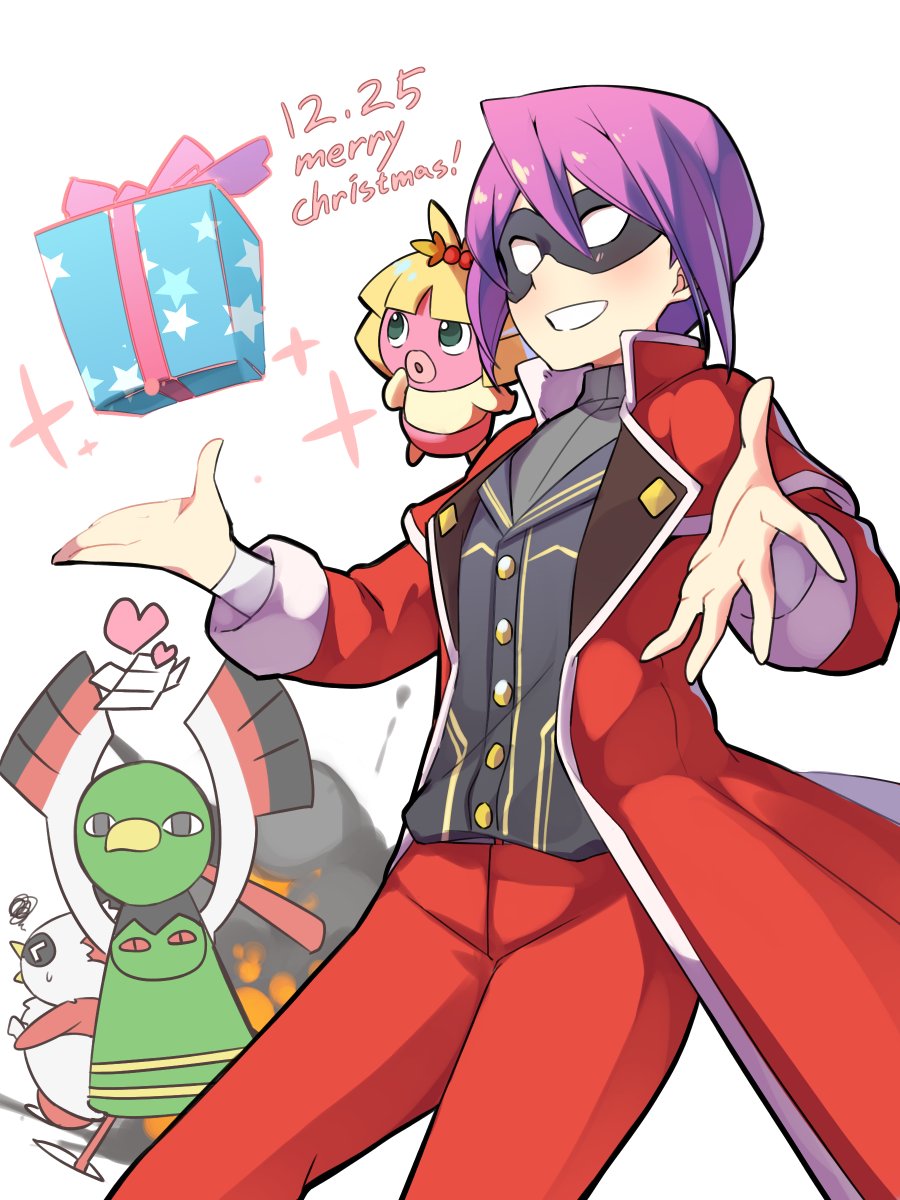 1boy alternate_costume bangs blush box buttons christmas coat commentary_request dated delibird domino_mask gen_2_pokemon gift gift_box heart highres kiwi_of_ruin korean_commentary long_sleeves male_focus mask merry_christmas pants pokemon pokemon_(creature) pokemon_(game) pokemon_hgss purple_hair red_coat red_pants short_hair simple_background smile smoochum sparkle spread_fingers star_(symbol) white_background will_(pokemon) xatu