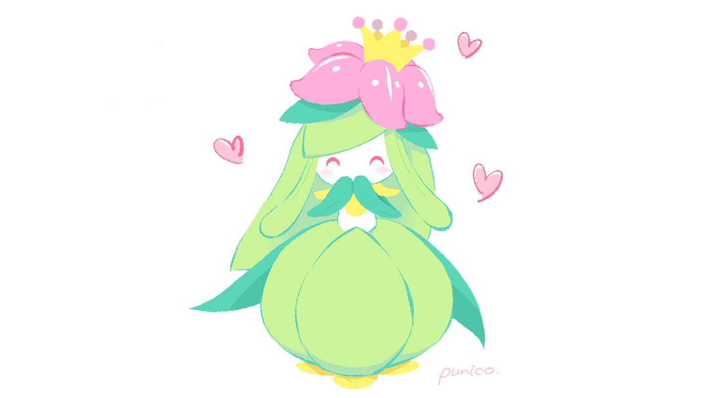 blush_stickers closed_eyes commentary_request covering_mouth crown flower full_body gen_5_pokemon hands_together hands_up heart lilligant no_humans pink_flower pokemon pokemon_(creature) punico_(punico_poke) signature simple_background solo standing white_background