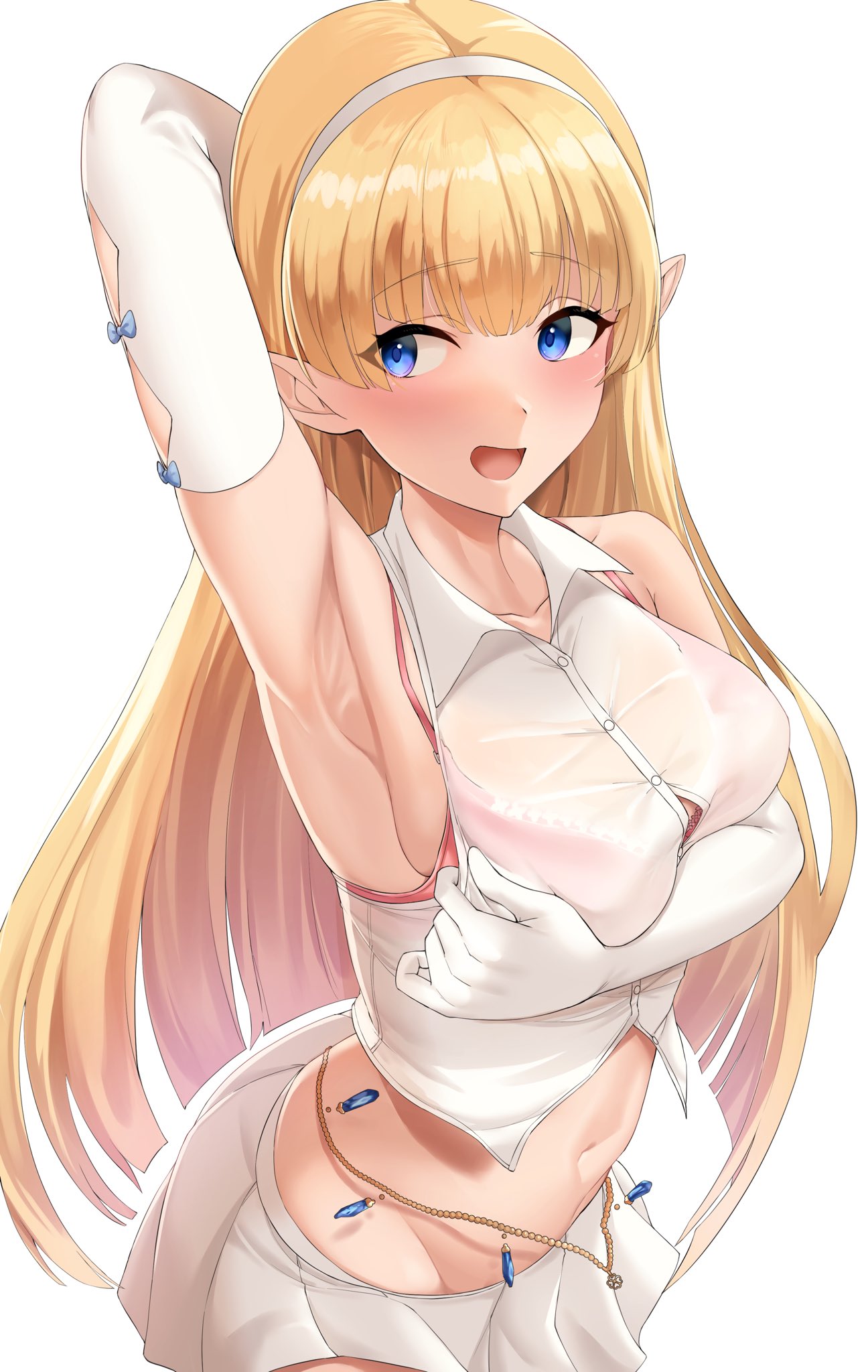 1girl :d arm_behind_head arm_up armpits bare_shoulders blonde_hair blue_eyes bra bra_through_clothes breasts button_gap collared_shirt cowboy_shot crop_top dress_shirt elbow_gloves elf elf_no_radral gloves groin hairband highres hotate-chan large_breasts long_hair looking_away looking_to_the_side midriff miniskirt navel open_mouth original pink_bra pleated_skirt pointy_ears see-through shirt simple_background skirt sleeveless sleeveless_shirt smile solo stomach string_bra underwear very_long_hair white_background white_gloves white_shirt white_skirt