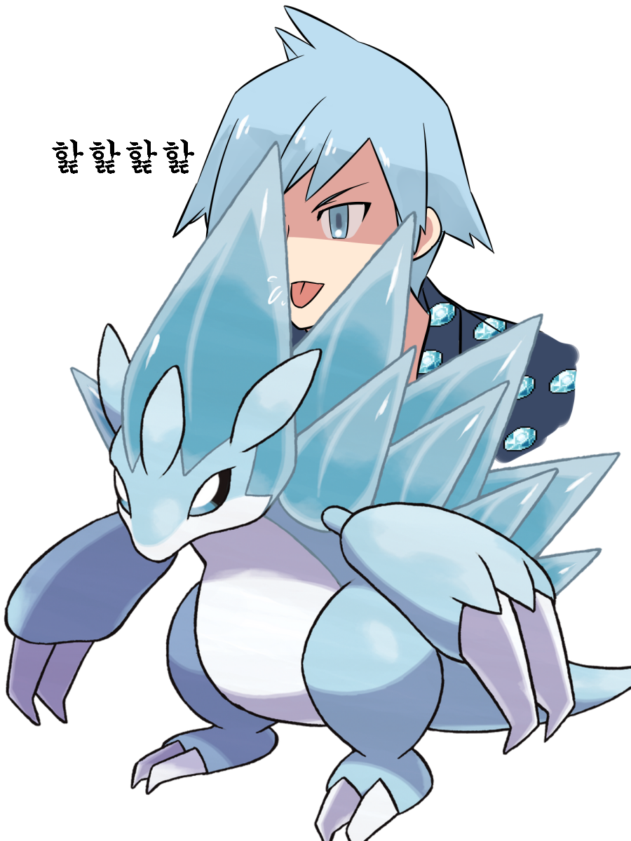 1boy alolan_form alolan_sandslash bangs black_shirt commentary_request gen_7_pokemon grey_eyes grey_hair highres kiwi_of_ruin korean_commentary korean_text licking male_focus pokemon pokemon_(creature) pokemon_(game) pokemon_masters_ex shirt simple_background spiky_hair steven_stone tongue tongue_out translation_request white_background